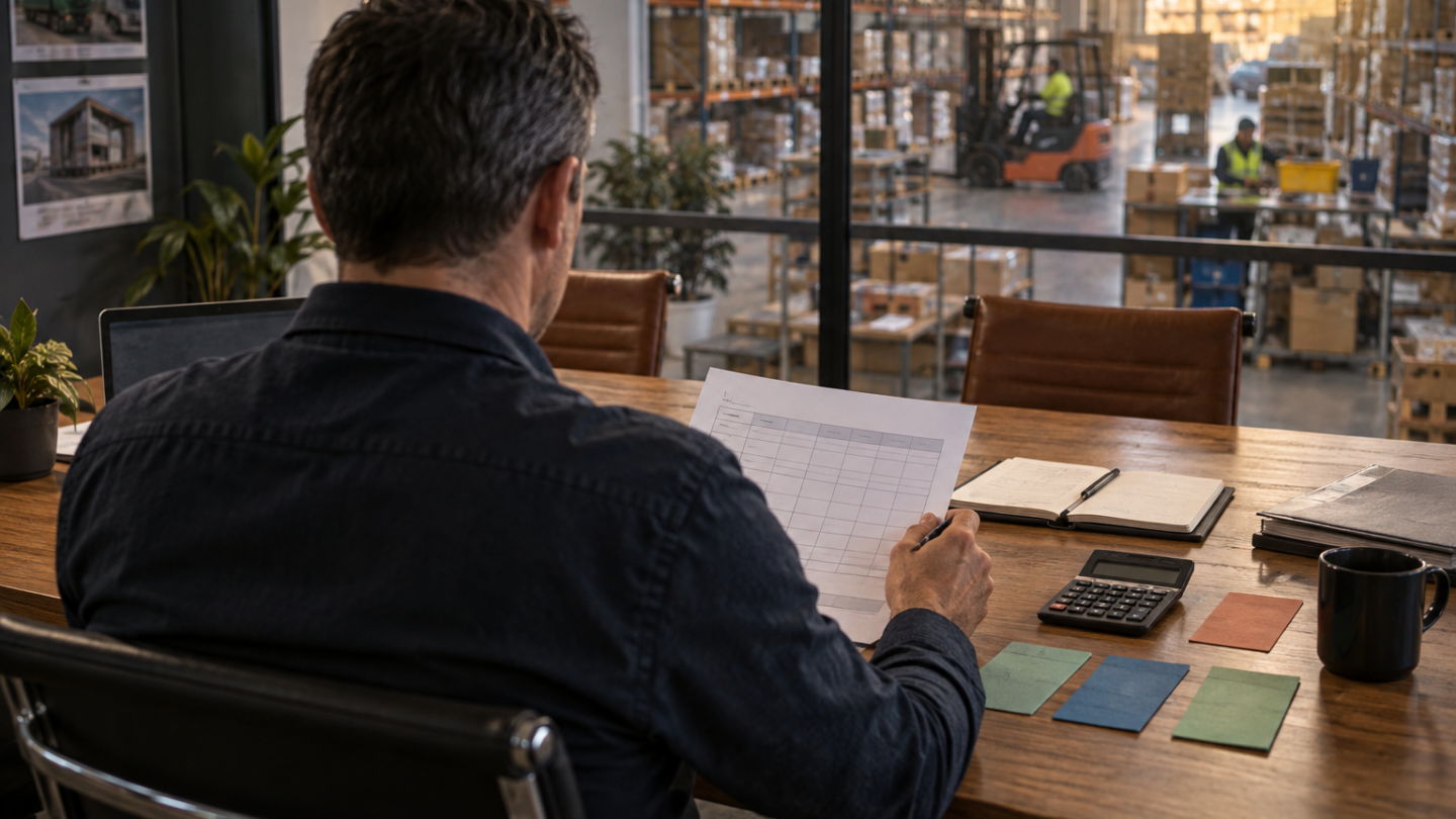 Company director reviewing cash-flow papers beneath formal architectural columns