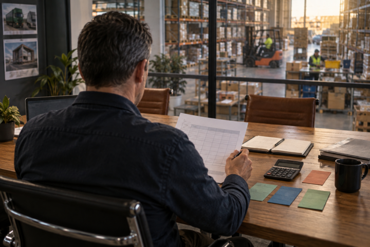 Company director reviewing cash-flow papers beneath formal architectural columns