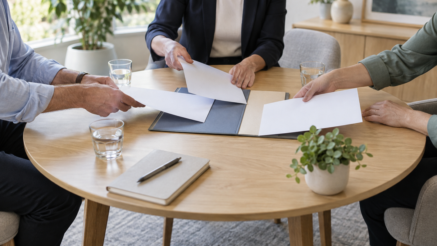 Two parties meeting across a formal table with balanced document folders