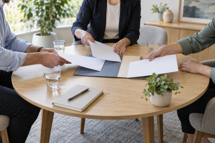 Two parties meeting across a formal table with balanced document folders